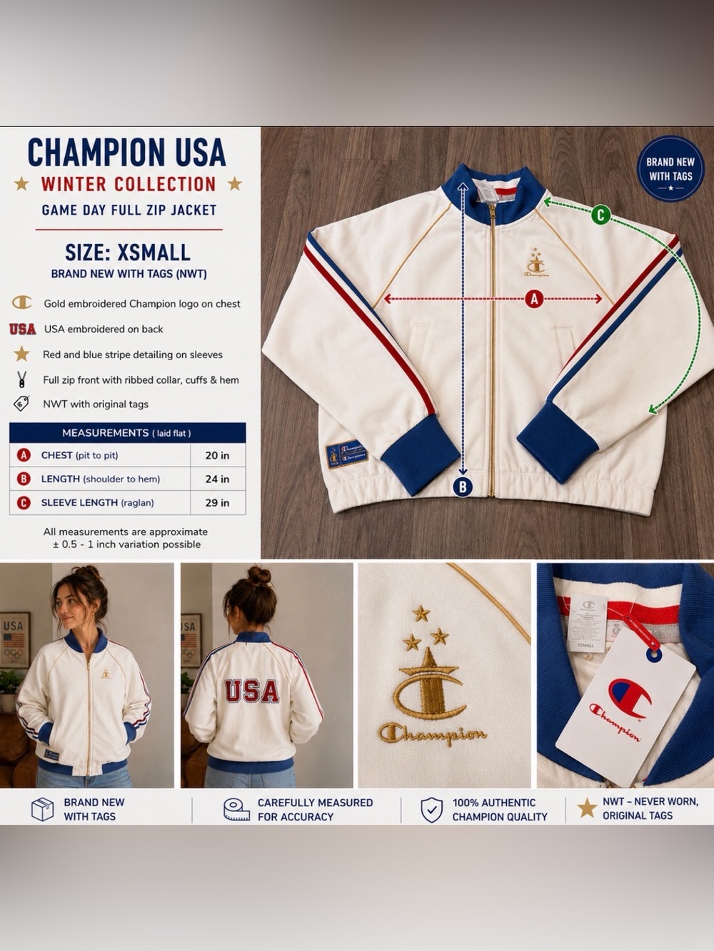 Champion USA Winter Collection Full Zip Jacket NWT XS Cream Red Blue NWT